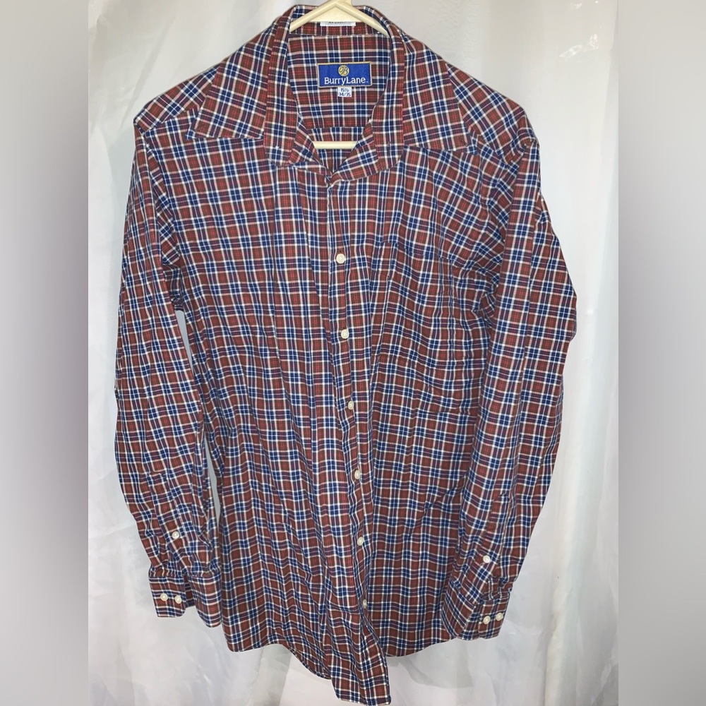 Burry Lane Mens Plaid Button Down Long Sleeve Shirt 15.5 34/35 Red Blue White
